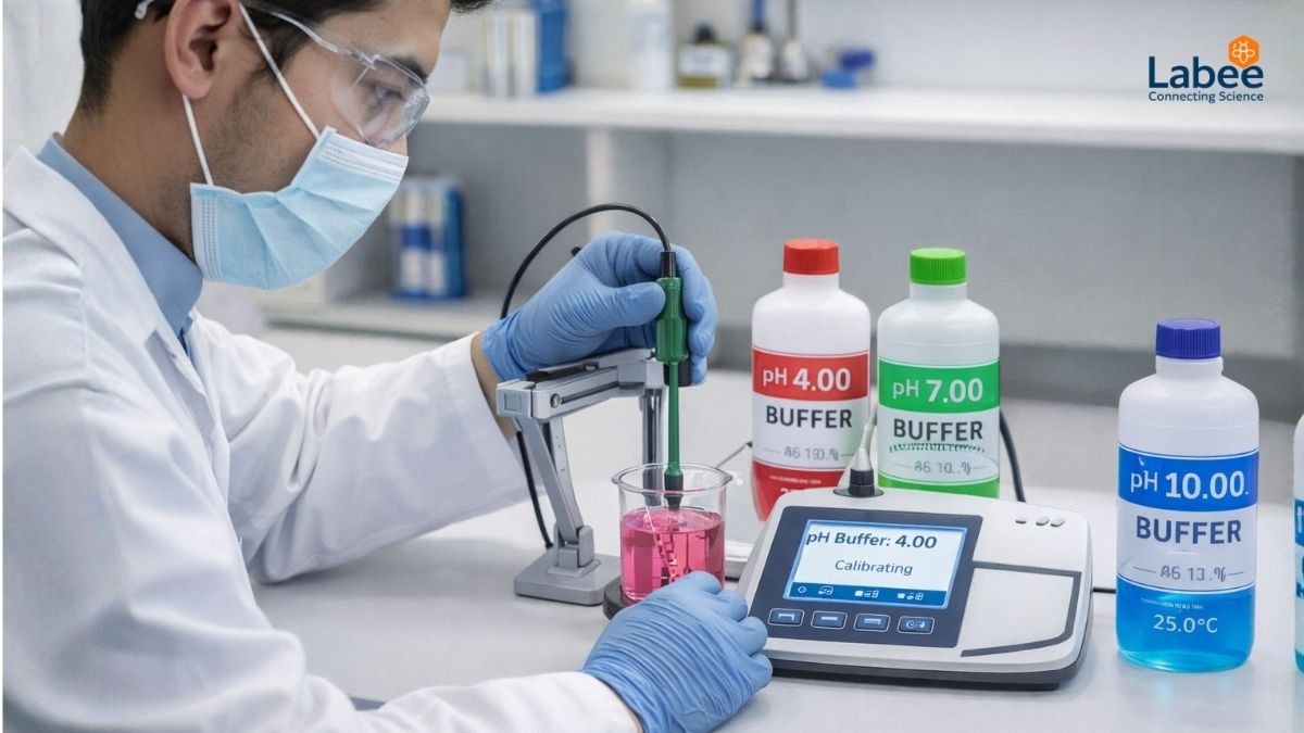 Kỹ thuật viên phòng Lab đang tiến hành hiệu chuẩn máy đo pH với 3 bình dung dịch chuẩn có màu sắc khác nhau (pH 4.00, 7.00, 10.00).