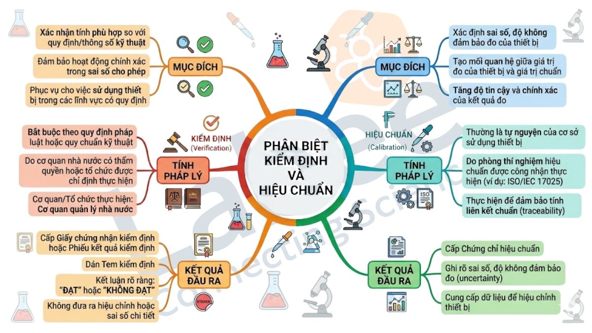 Sơ đồ phân biệt kiểm định và hiệu chuẩn thiết bị phòng thí nghiệm.
