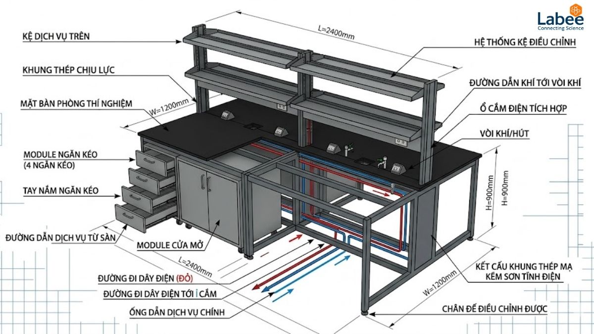 Bản vẽ kỹ thuật 3D kết cấu khung thép mạ kẽm sơn tĩnh điện của bàn thí nghiệm