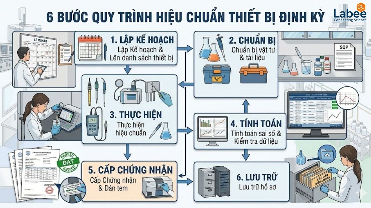 6 bước tiêu chuẩn trong quy trình hiệu chuẩn thiết bị định kỳ.