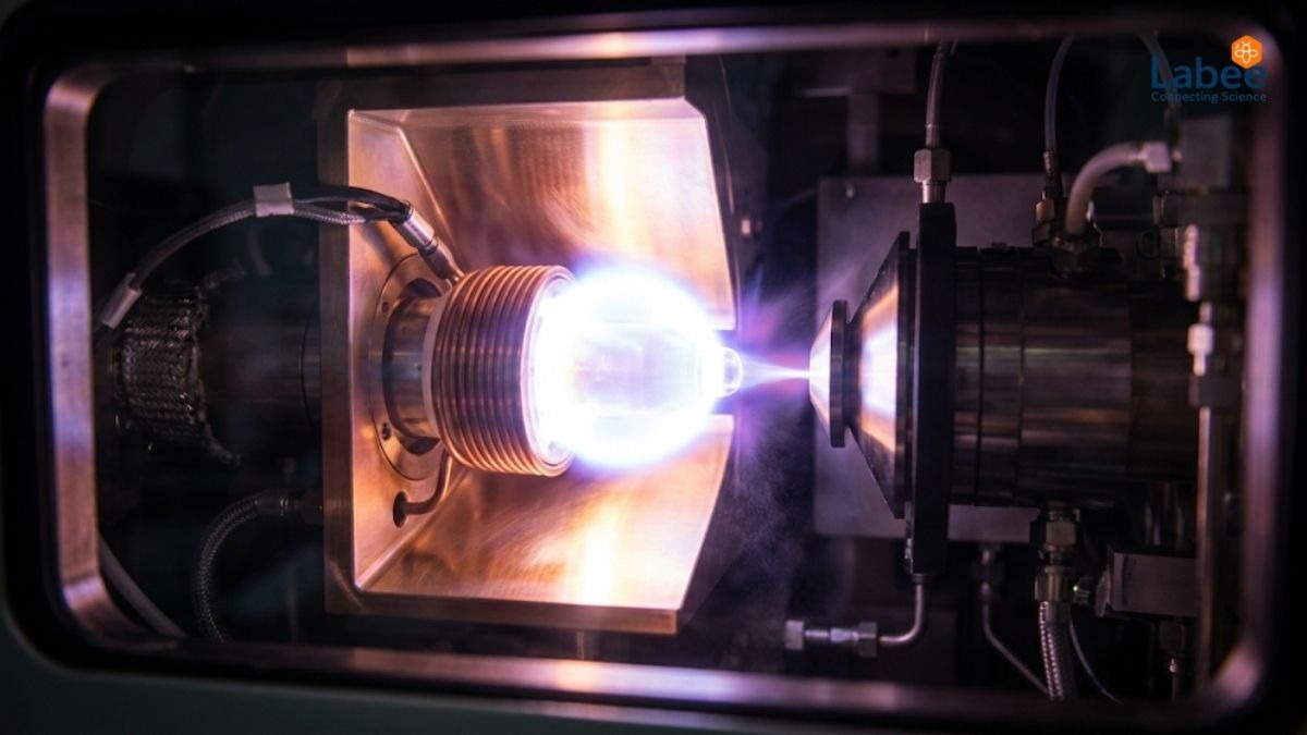 Hệ thống ICP-MS đang đánh lửa plasma rực sáng bên trong buồng phân tích