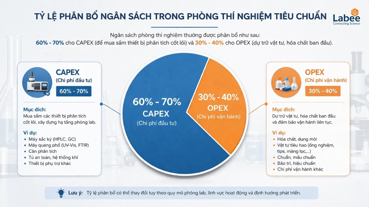 Biểu đồ tròn thể hiện tỷ lệ phân bổ ngân sách CAPEX và OPEX trong một phòng thí nghiệm tiêu chuẩn và thêm chú thích