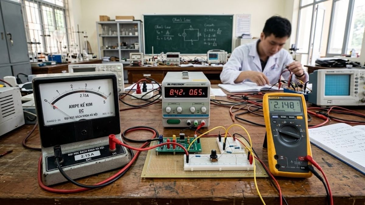 Thiết bị ampe kế kim và ampe kế số được lắp ráp trong phòng lab nghiên cứu lý