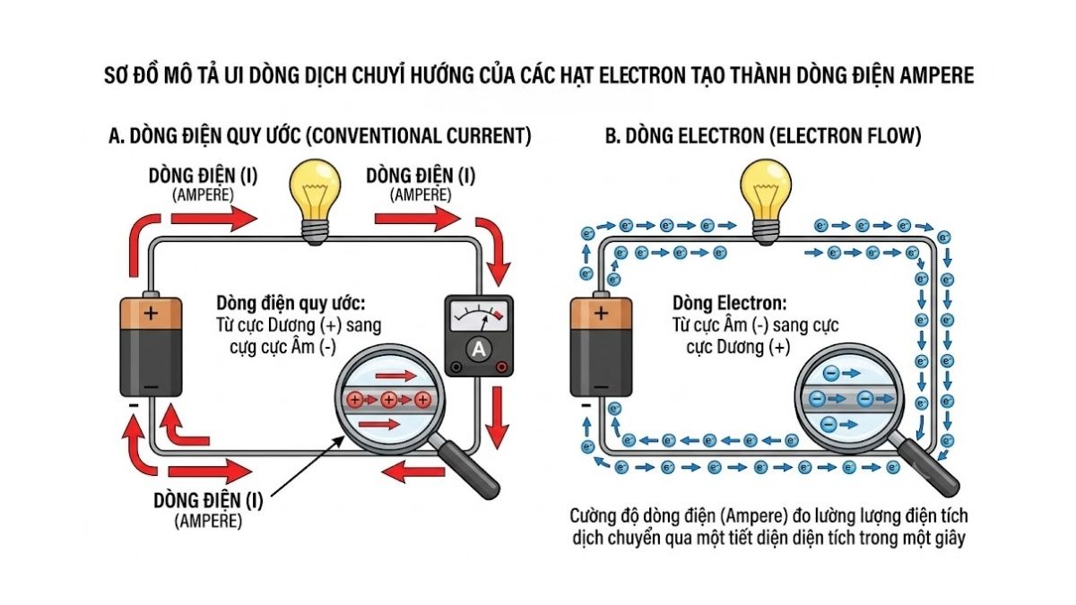 Sơ đồ mô tả dòng dịch chuyển hướng của các hạt electron tạo thành dòng điện ampe