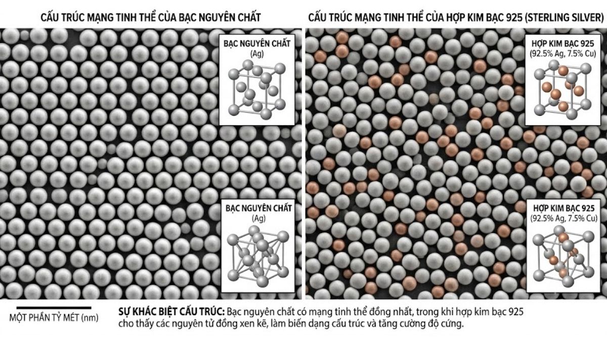 Cấu trúc mạng tinh thể của bạc nguyên chất và hợp kim bạc 925 dưới kính hiển vi