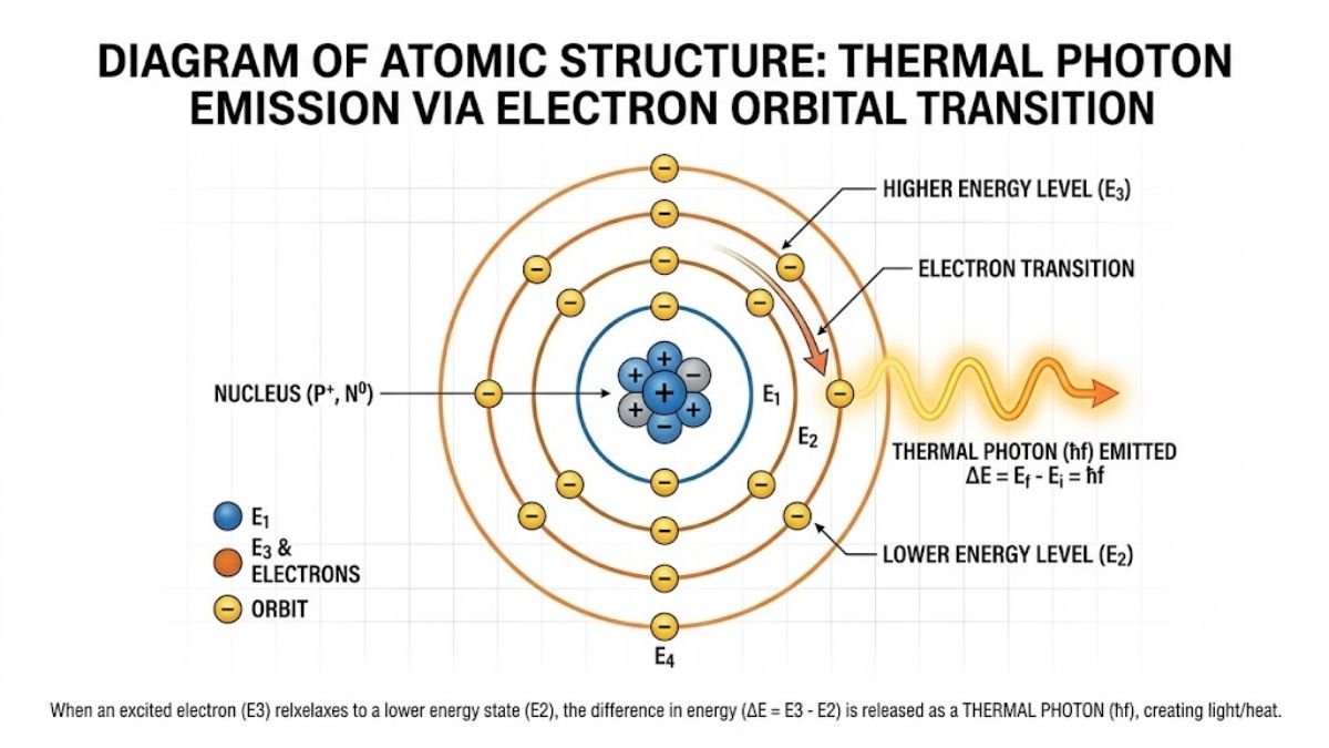 Sơ đồ cấu trúc nguyên tử mô tả sự dịch chuyển quỹ đạo electron sinh ra photon nhiệt