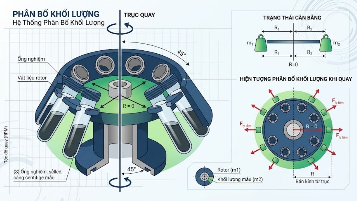 Đồ họa vector minh họa sự phân bố khối lượng quanh trục quay của rotor máy ly tâm