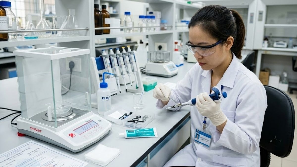 Kỹ thuật viên bảo trì tra mỡ silicon và hiệu chuẩn micropipet bằng cân phân tích