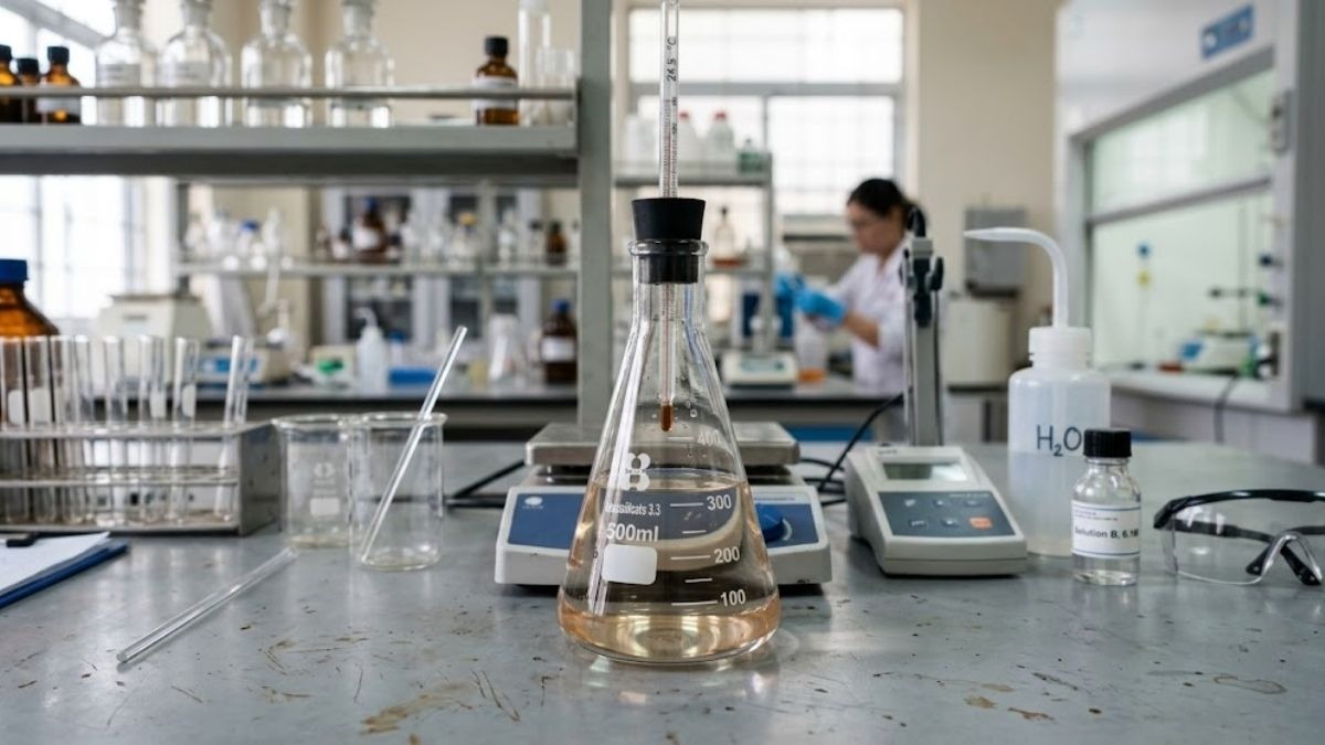 Bình tam giác thủy tinh Borosilicate 3.3 chuẩn đặt trên bàn thí nghiệm