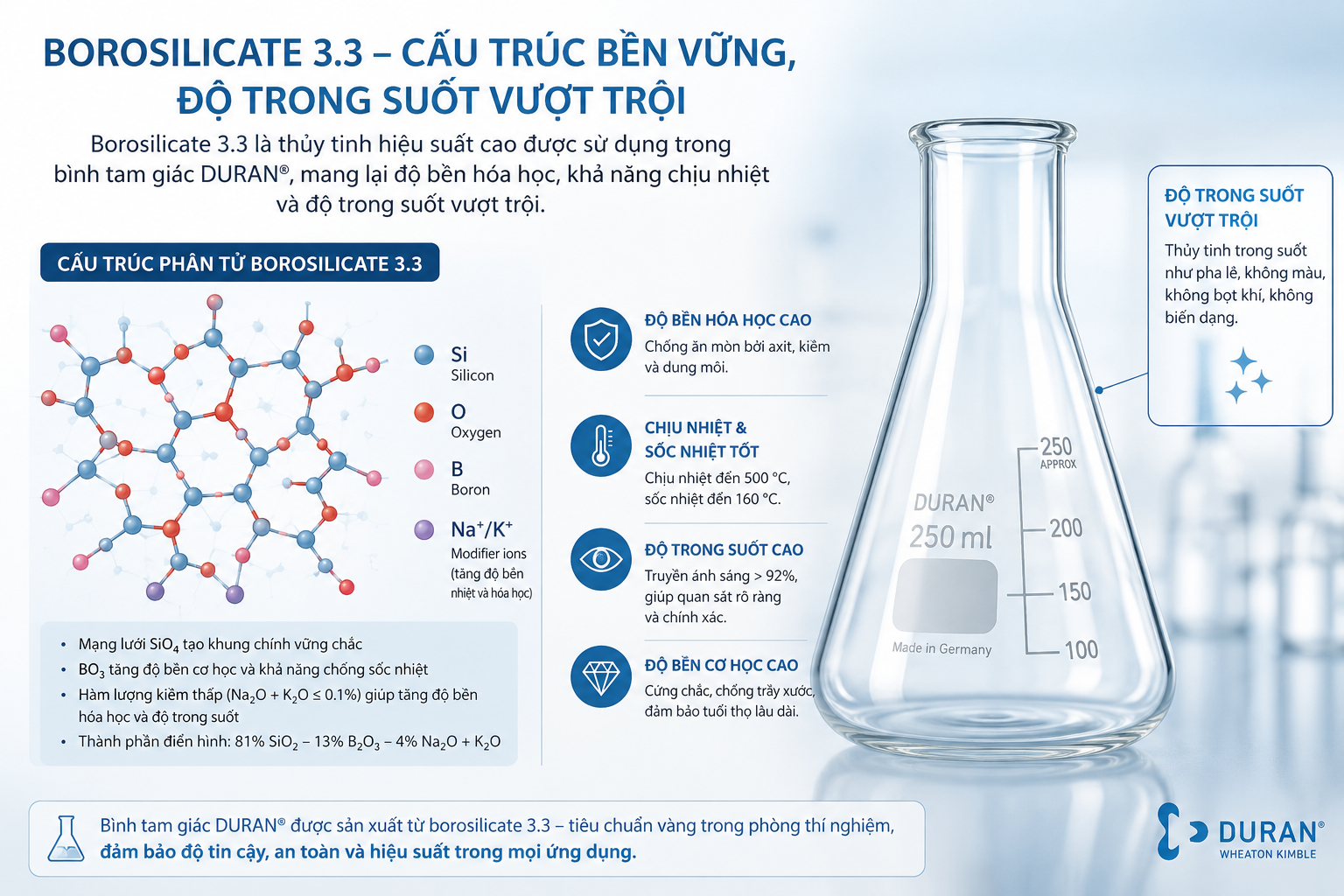 Cấu trúc phân tử borosilicate 3.3 và độ trong suốt của bình tam giác Duran