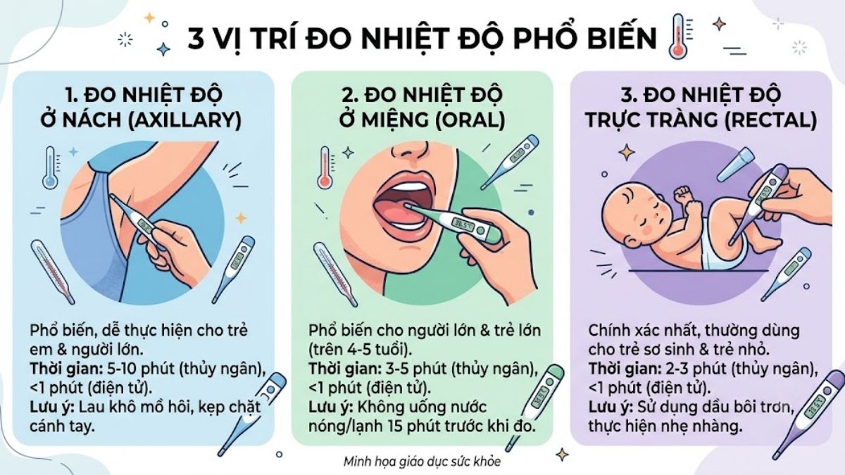 Đồ họa minh họa 3 vị trí đo nhiệt độ phổ biến: nách, miệng, trực tràng
