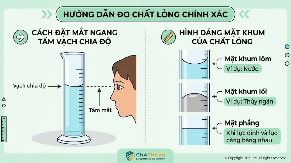 Minh họa cách đặt tầm mắt song song với đáy mặt khum lõm khi đọc thể tích ống đong