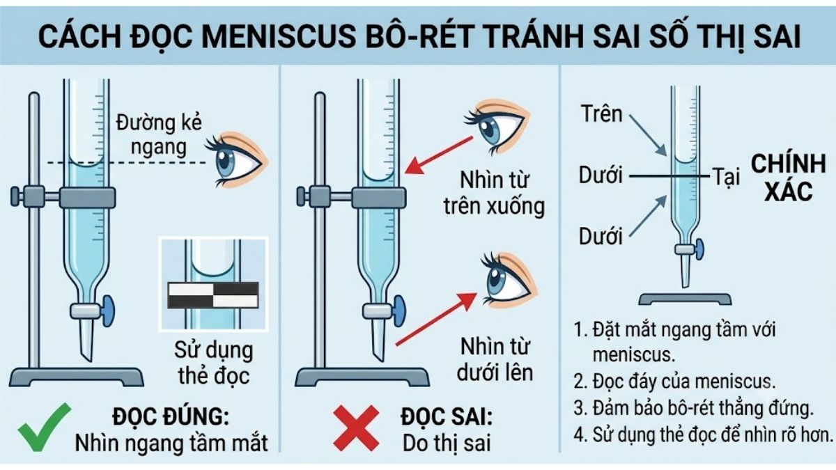Cách đọc meniscus buret tránh sai số thị sai