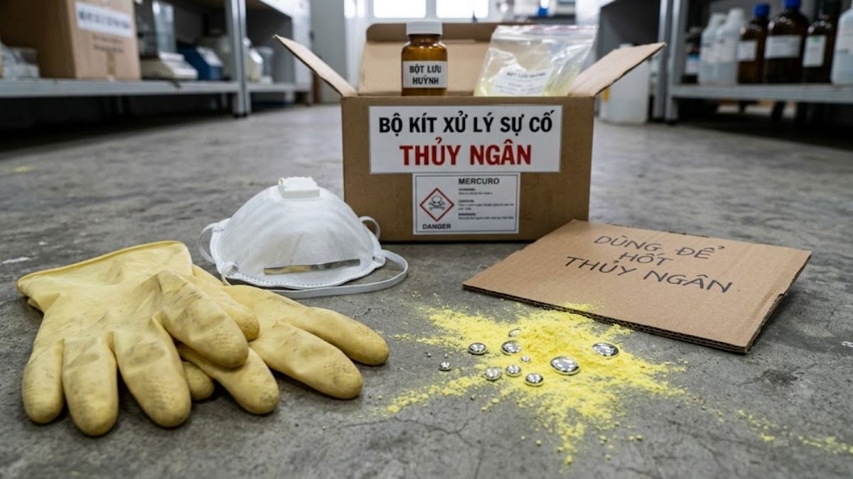 Bộ dụng cụ xử lý sự cố thủy ngân gồm găng tay, khẩu trang, bìa cứng và bột lưu huỳnh rắc lên hạt thủy ngân