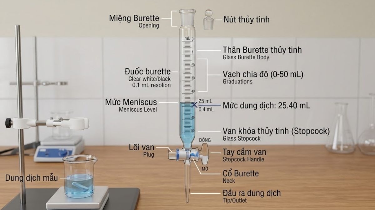 Cấu tạo chi tiết của Burette thủy tinh với vạch chia độ và van khóa
