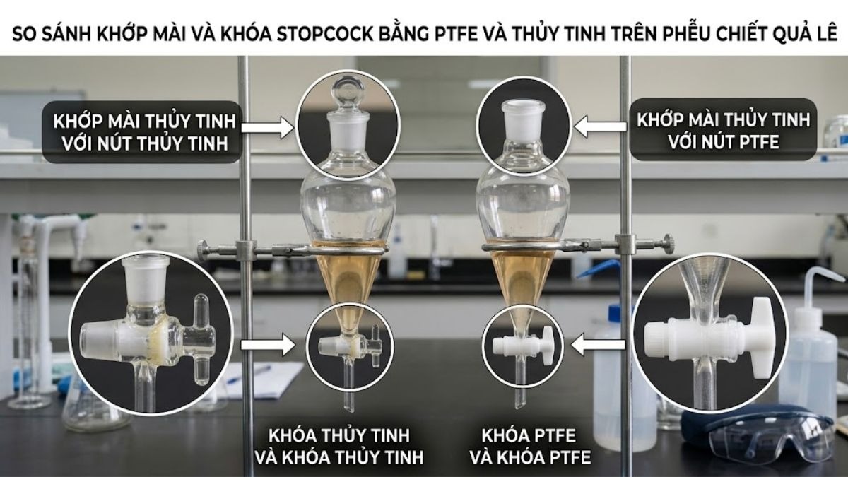 So sánh khớp mài và khóa stopcock bằng PTFE và thủy tinh trên phễu chiết quả lê
