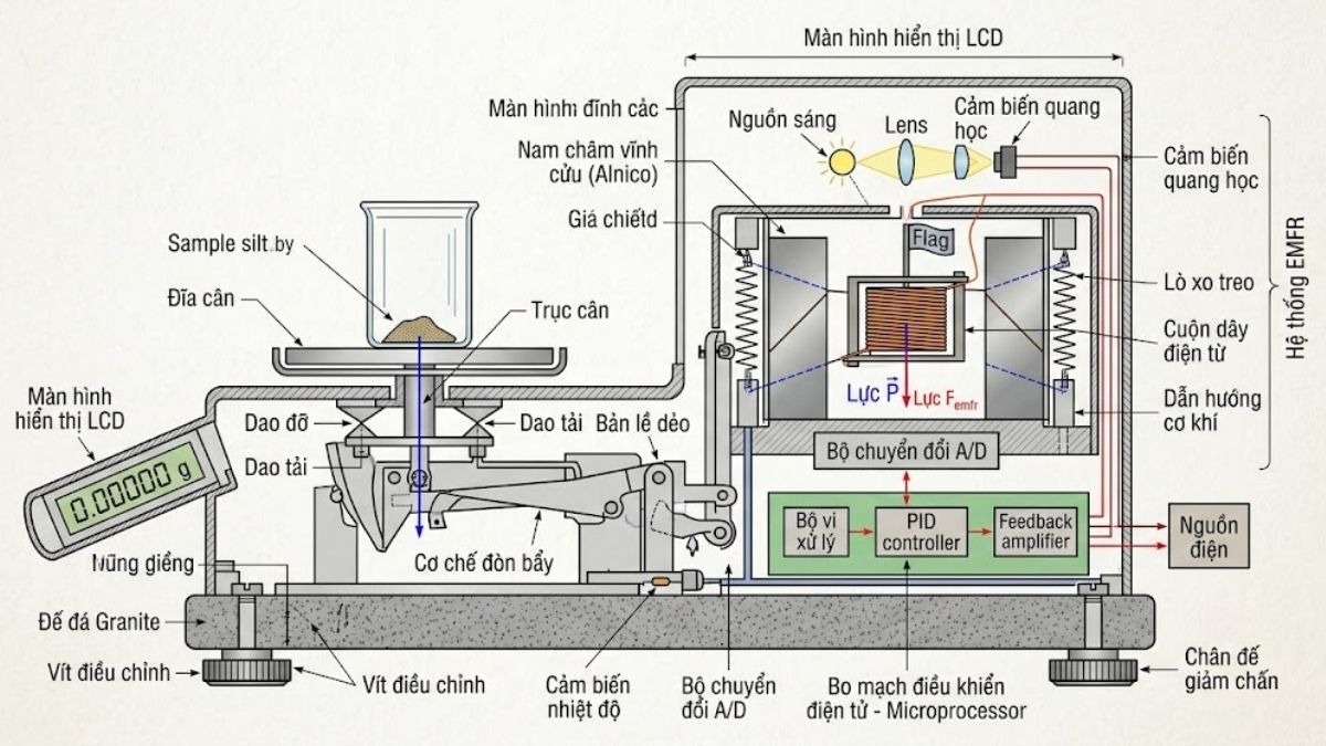 Bản vẽ cắt ngang minh họa cấu tạo bên trong của cân phân tích với hệ thống EMFR