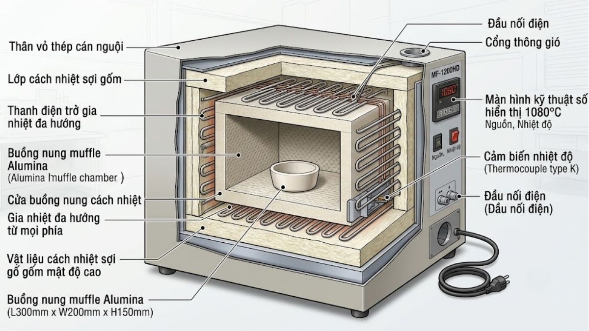Cấu tạo chi tiết buồng nung muffle và hệ thống thanh điện trở gia nhiệt đa hướng