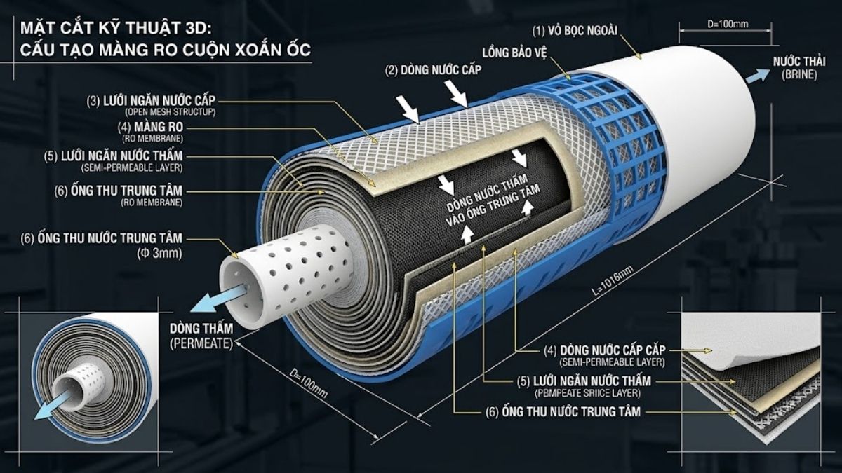 Bản vẽ kỹ thuật mặt cắt 3D các lớp màng cuộn xoắn ốc quanh ống thu nước trung tâm của màng RO