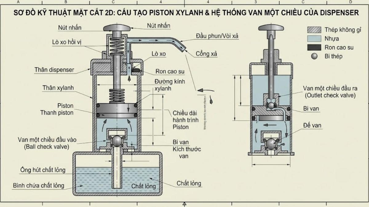 Sơ đồ thiết kế kỹ thuật mặt cắt 2D thể hiện cấu tạo piston xylanh và hệ thống van một chiều của dispenser