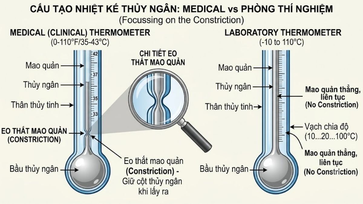 Bản vẽ cắt lớp cấu tạo nhiệt kế thủy ngân y tế và phòng thí nghiệm, focus vào phần eo thắt mao quản