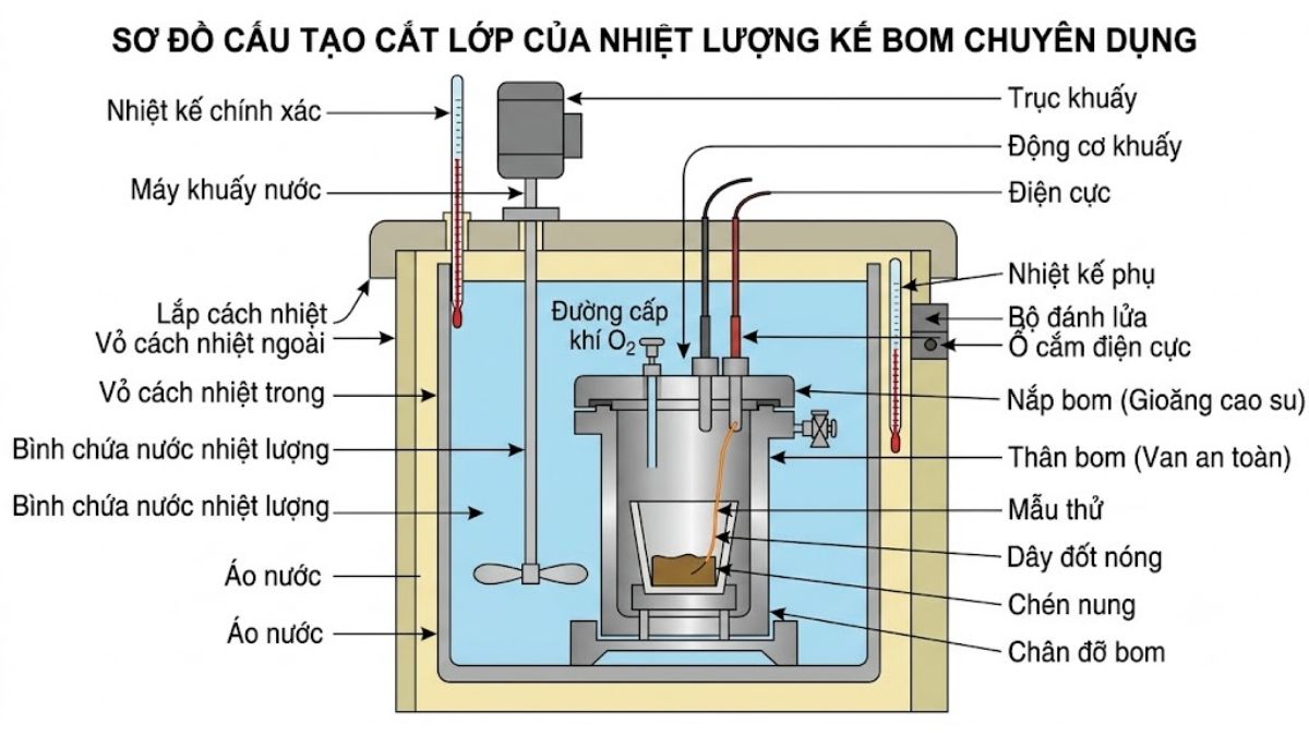 Sơ đồ cấu tạo cắt lớp của nhiệt lượng kế bom chuyên dụng trong phòng thí nghiệm