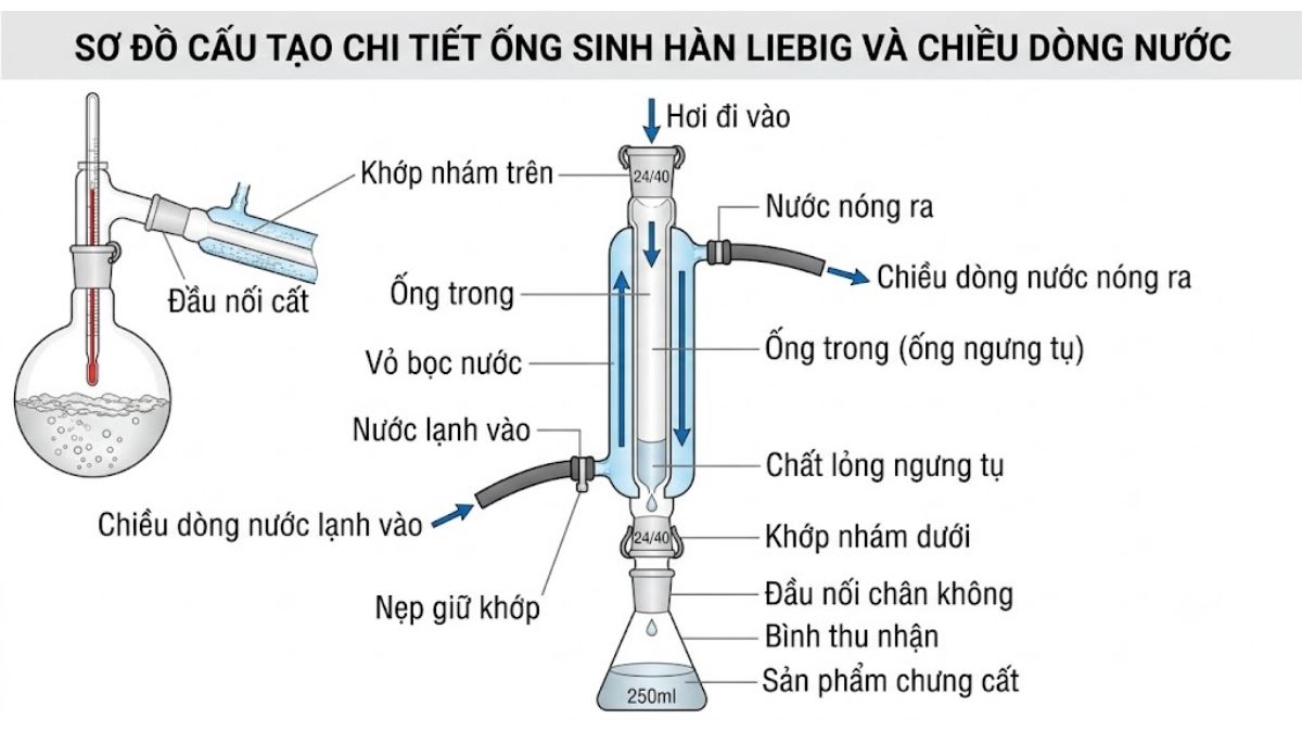Sơ đồ chi tiết cấu tạo ống sinh hàn Liebig với chú thích các bộ phận khớp nhám và chiều dòng nước