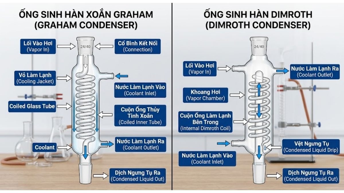 So sánh cấu trúc vật lý giữa ống sinh hàn xoắn Graham và ống sinh hàn Dimroth