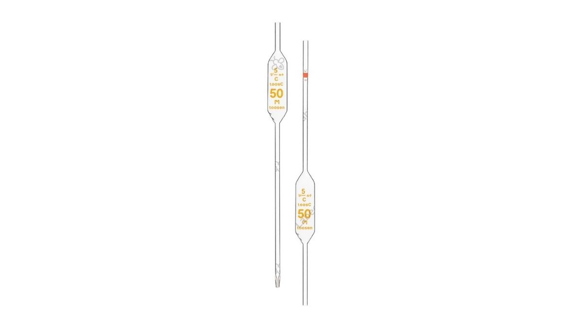  Hình ảnh cấu tạo chi tiết của pipet bầu thủy tinh với bầu phình to ở giữa và vạch định mức rõ nét 
