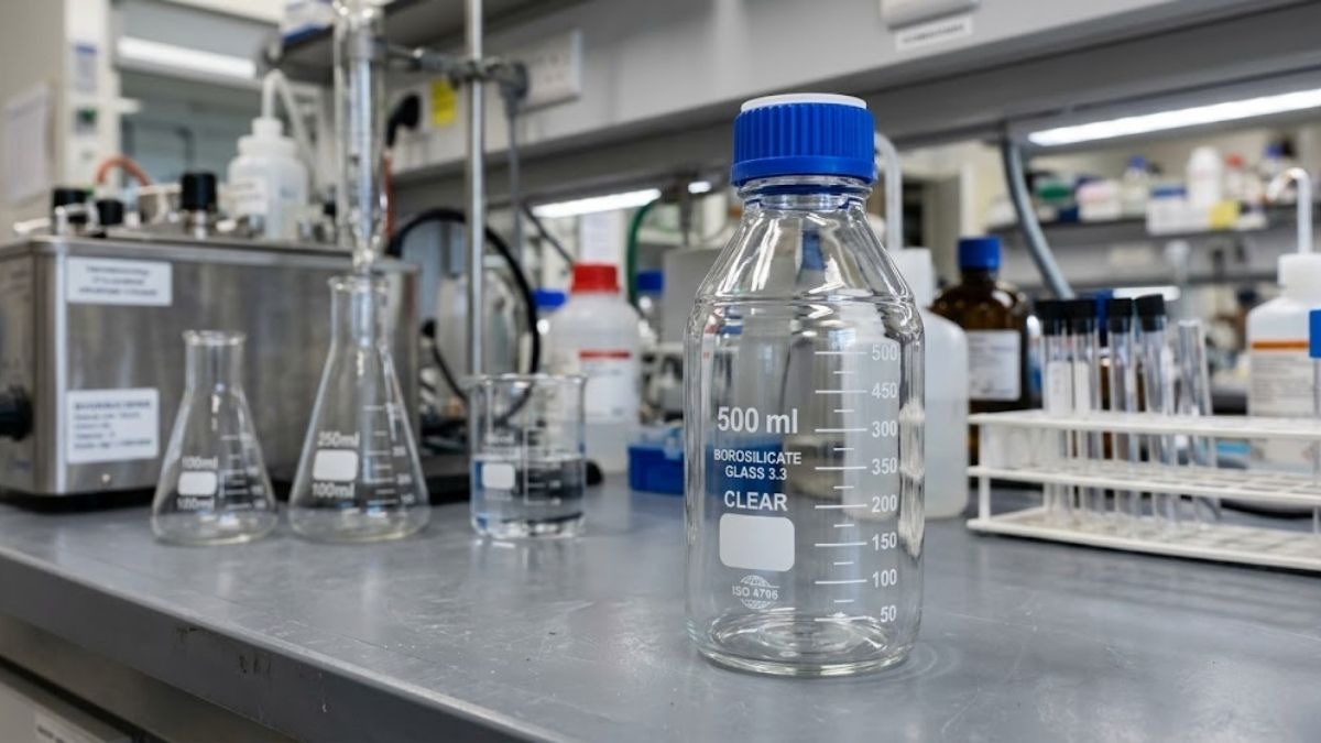 Chai trung tính thủy tinh borosilicate 3.3 trong suốt sắc nét dưới ánh sáng phòng lab