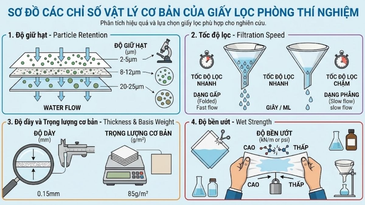 Sơ đồ mô tả các chỉ số vật lý cơ bản của giấy lọc phòng thí nghiệ