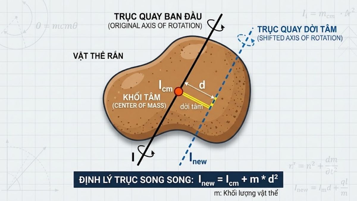 Minh họa trục quay dời tâm d và khối tâm I_cm