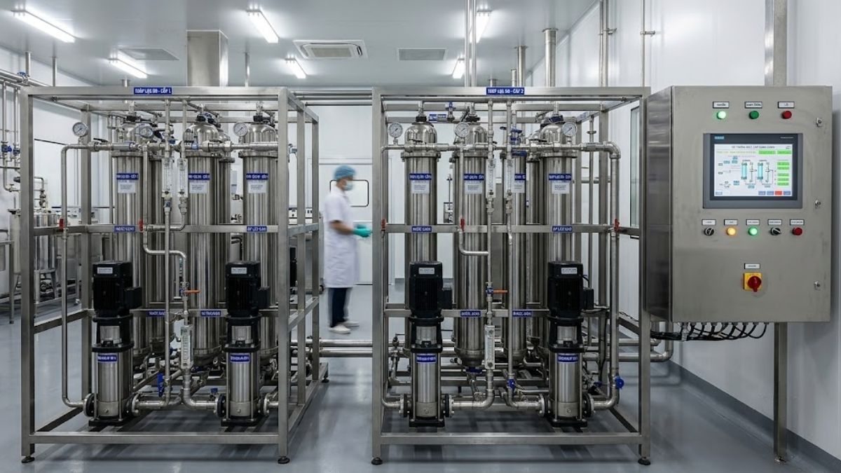 Hệ thống tháp lọc RO hai cấp song song kết hợp tủ điều khiển PLC tự động trong nhà máy sản xuất thuốc tiêm truyền
