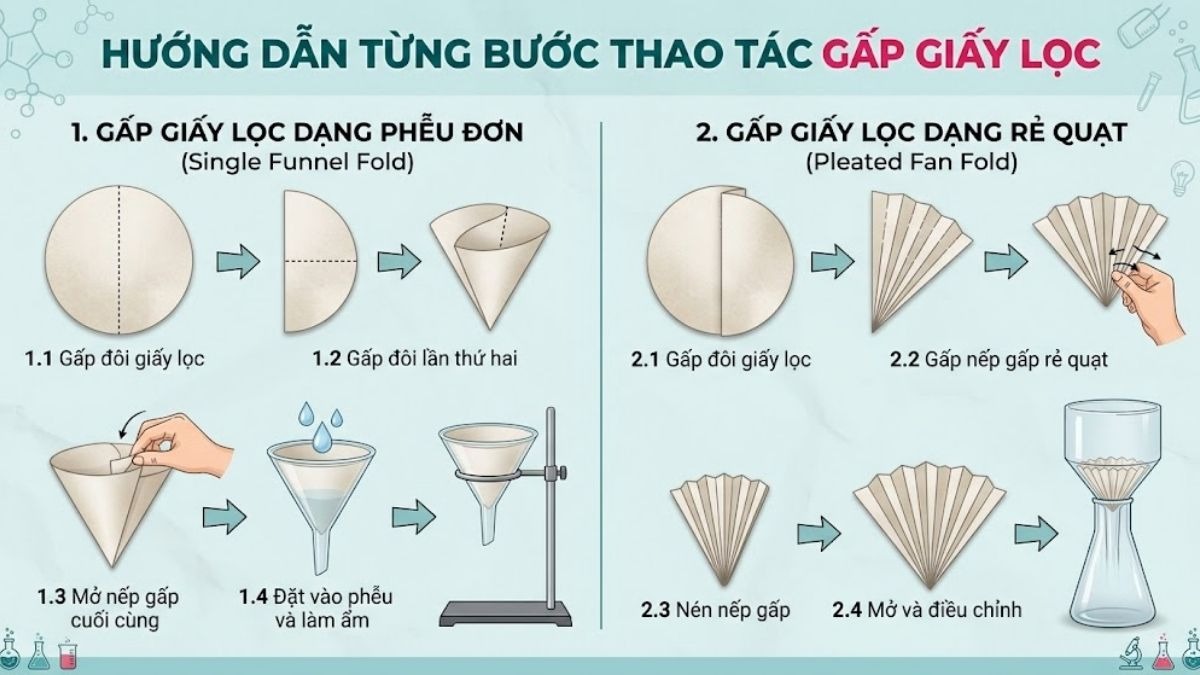 Sơ đồ hướng dẫn từng bước thao tác gấp giấy lọc dạng phễu đơn và dạng rẻ quạt