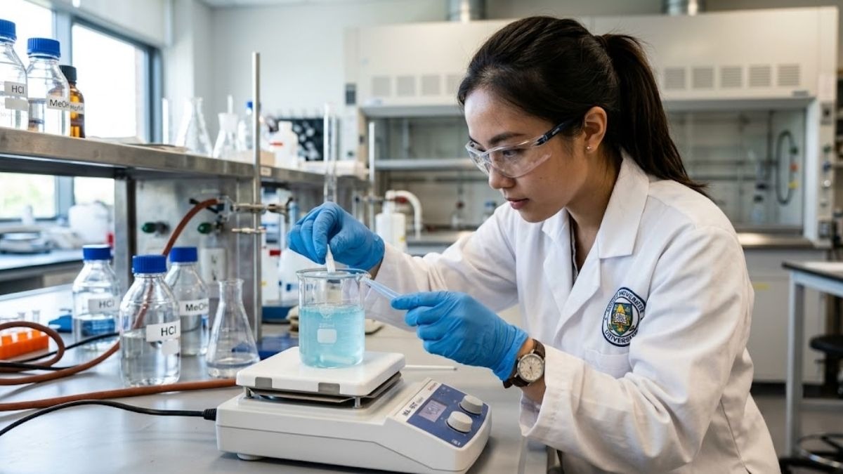 Kỹ sư phòng lab đang đặt nhẹ nhàng cá từ vào cốc thủy tinh đặt trên máy khuấy từ