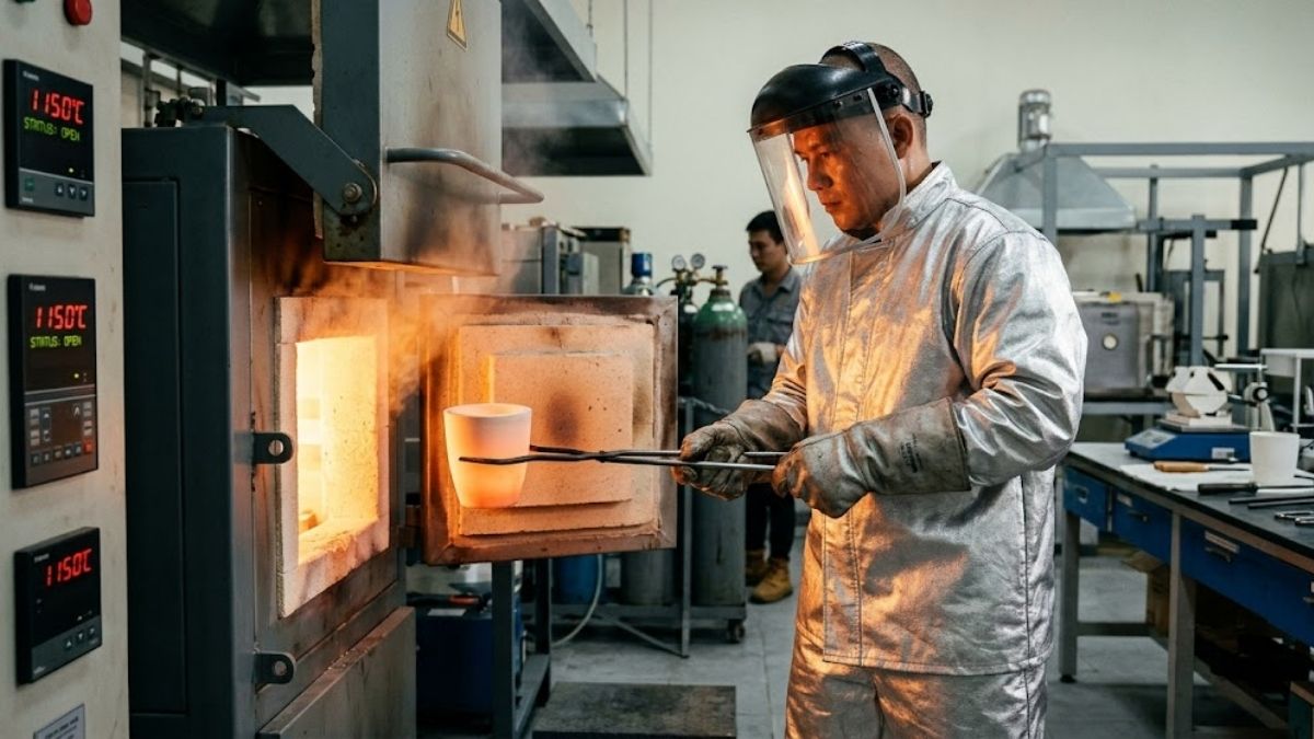 Kỹ sư phòng thí nghiệm dùng kẹp gắp chén nung sứ ra khỏi lò nung ở nhiệt độ cao