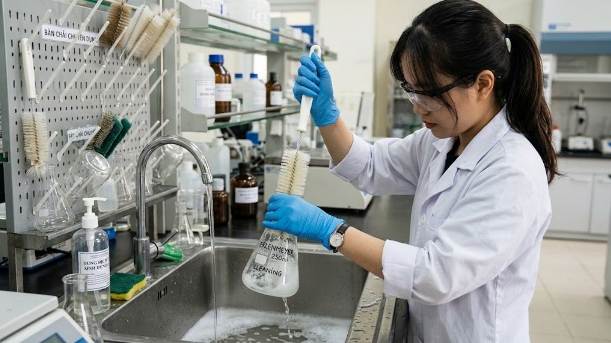 Quy trình thao tác vệ sinh bình tam giác bằng chổi lông chuyên dụng