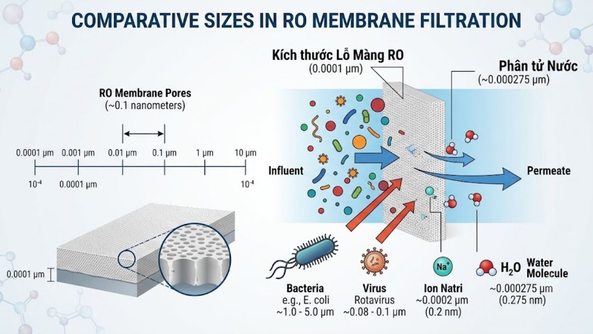 Sơ đồ hiển thị kích thước lỗ lọc của màng RO so với kích thước của phân tử nước, ion natri, vi khuẩn và virus