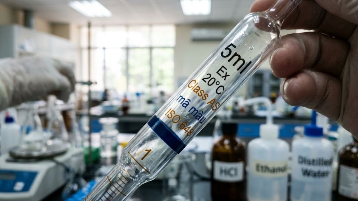 Ảnh chụp cận cảnh các thông số Ex, 20°C, Class AS, mã màu và tiêu chuẩn ISO trên thân pipet bầu