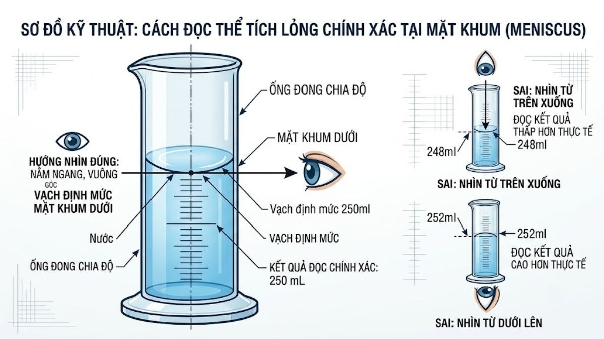 Minh họa kỹ thuật đặt mắt ngang tầm vạch chia