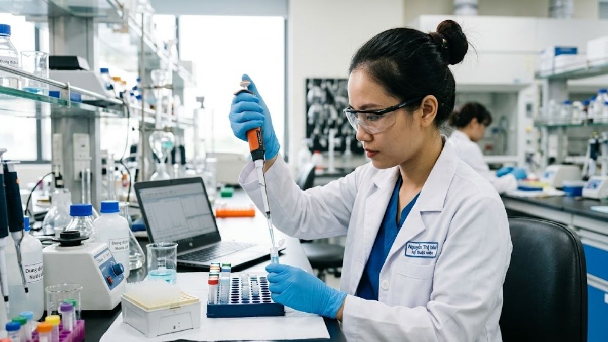 Kỹ thuật viên sử dụng trợ pipet điện tử đong mẫu dung dịch chuẩn