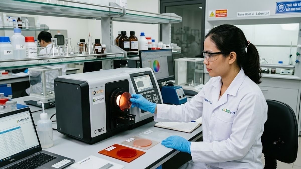 Thiết bị đo màu quang phổ d/8 đang phân tích mẫu nhựa polymer tại phòng Labee Lab