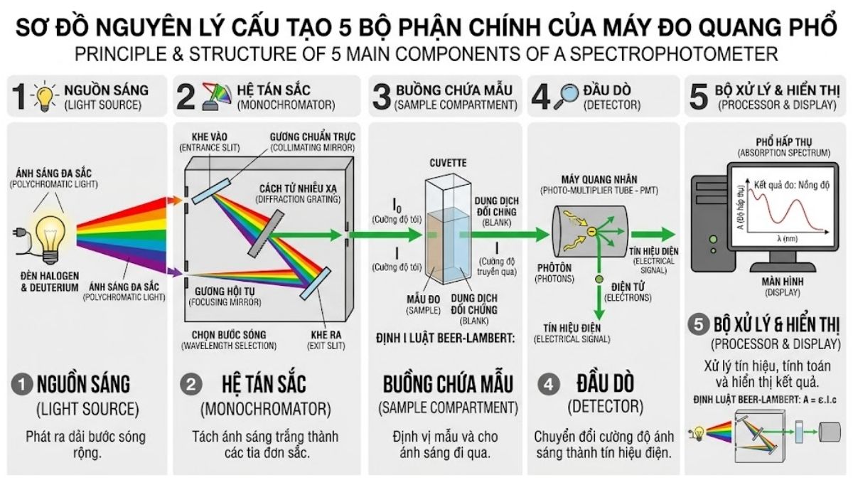 Sơ đồ nguyên lý cấu tạo 5 bộ phận chính của máy đo quang phổ