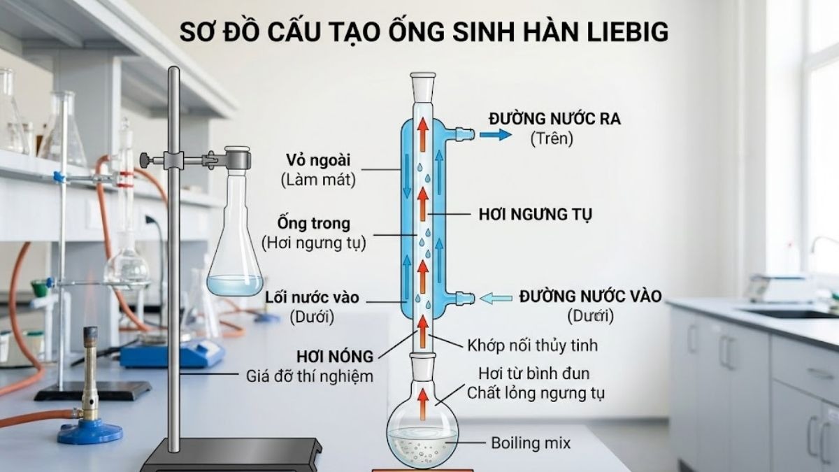 Sơ đồ cấu tạo ống sinh hàn Liebig và đường đi của dòng nước vào/ra