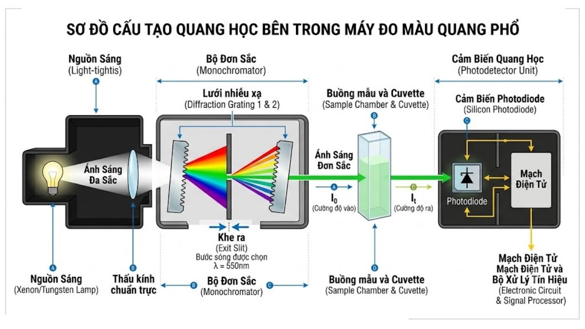 Sơ đồ cấu tạo quang học bên trong máy đo màu quang phổ gồm nguồn sáng, bộ đơn sắc và cảm biến photodiode