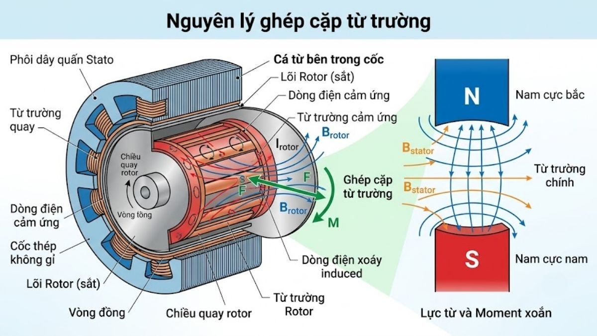 Sơ đồ mô tả nguyên lý ghép cặp từ trường giữa nam cực động cơ và cá từ bên trong cốc