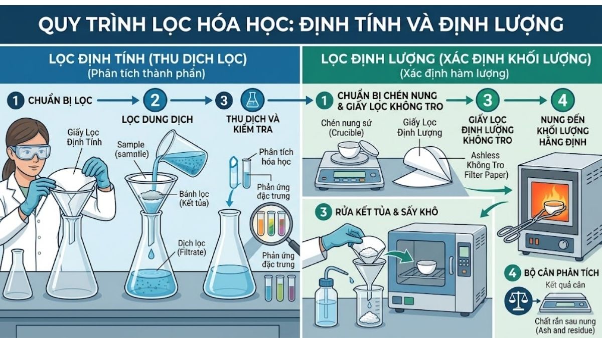 Minh họa quy trình lọc sử dụng giấy định tính thu dịch và giấy định lượng không tro trong chén nung