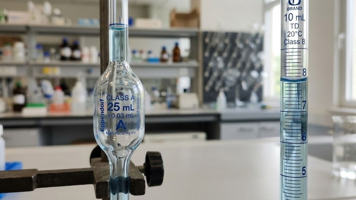 Cận cảnh phần bầu của pipet bầu Class A và phần vạch chia chi tiết của pipet vạch