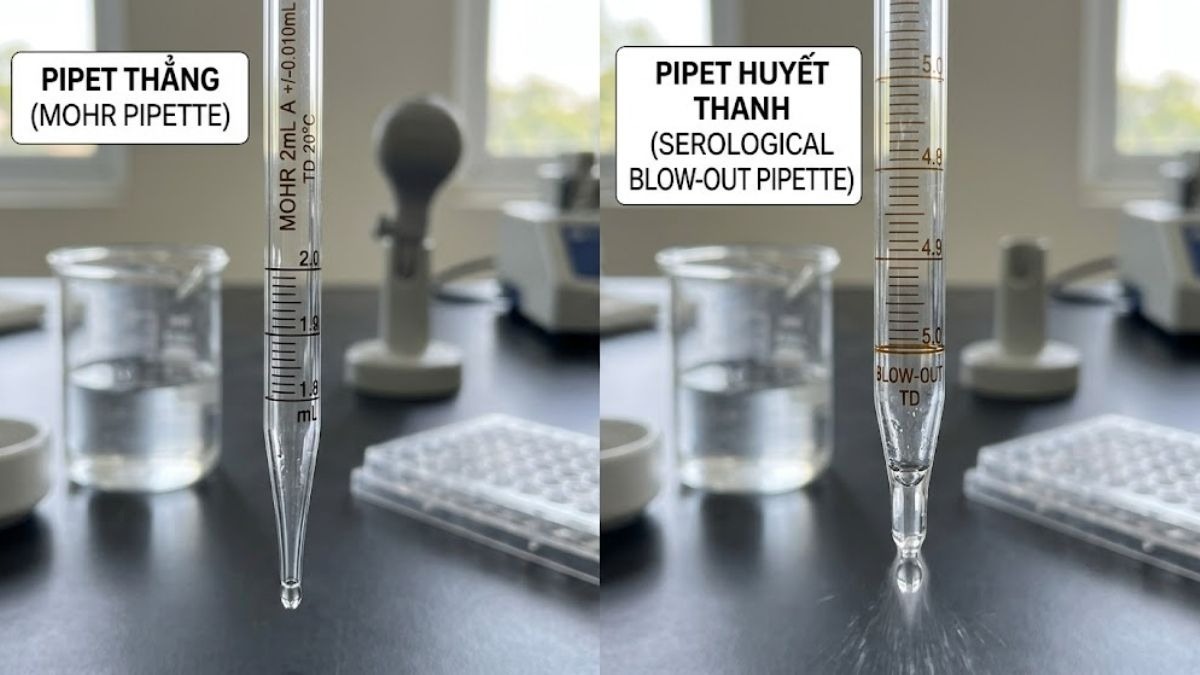 So sánh thiết kế phần đầu xả giữa pipet thẳng Mohr và Serological blow-out