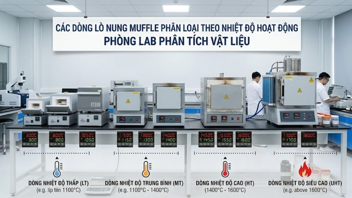 Các dòng lò nung muffle phân loại theo nhiệt độ hoạt động trong phòng lab phân tích vật liệu